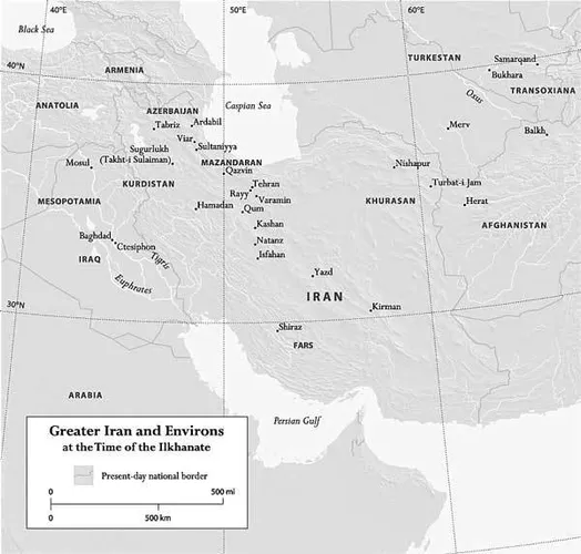 A detail map of Greater Iran and its environs. Custom-generated topographic shaded relief, printed black & white.