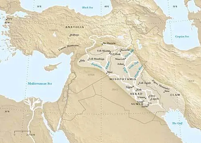 Map of Near East showing the Akkadian empire at its greatest extent.