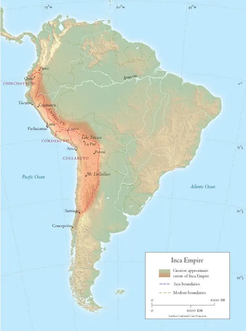 Map of South America showing the approximate extent of the Inca empire and the four <i>suyus</i> which comprised it.