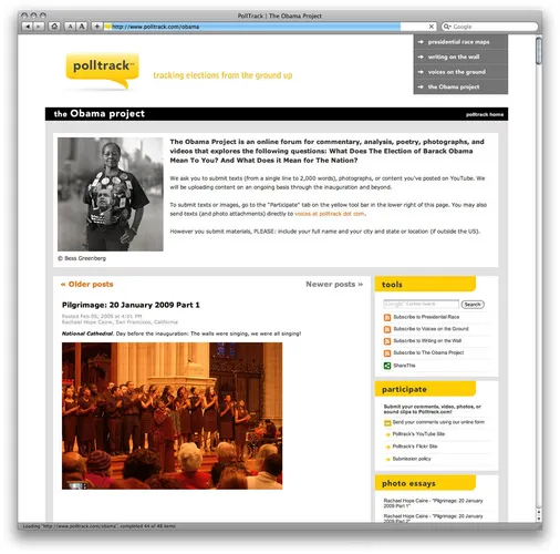 The Obama Project: an example of the blogging functionality we developed for PollTrack.