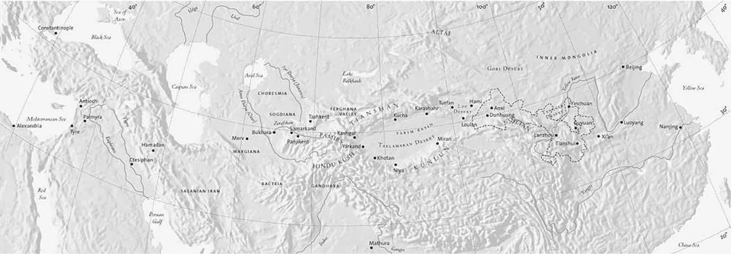 A panoramic map of sites along the Silk Road, re-used by the Asia Society in multiple media.