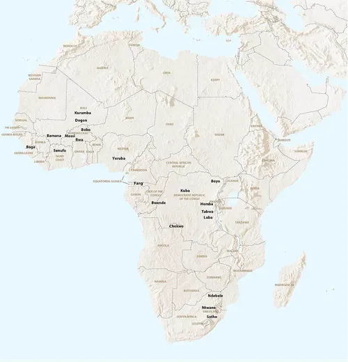 An overall map of Africa, showing locations of traditional cultures.
