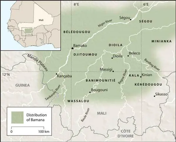 A detail map of West Africa, showing the range of the Bamana peoples in Mali.