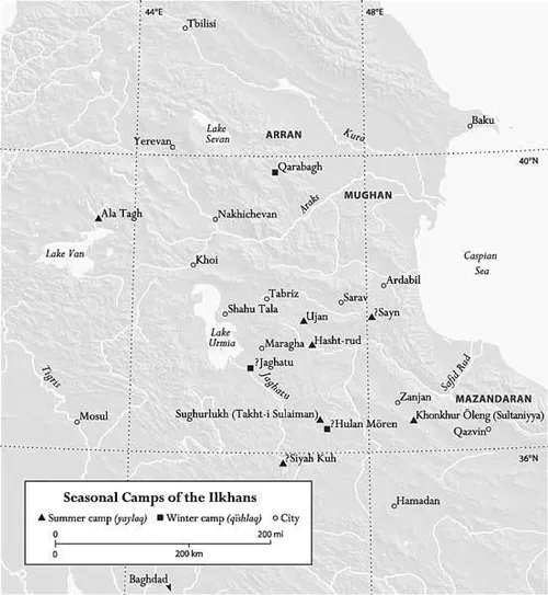 A detail map showing the seasonal camps of the Ilkhans (Genghis Khan's successors in Persia). Custom-generated topographic shaded relief, printed black & white.