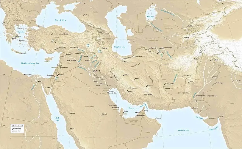 Overall map showing ancient and modern locations in the regions spanned by this exhibition on early civilizations.