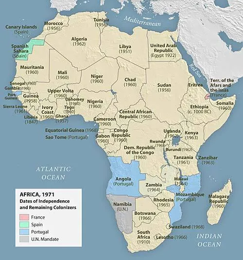 Africa, 1971, illustrating the process of decolonization.