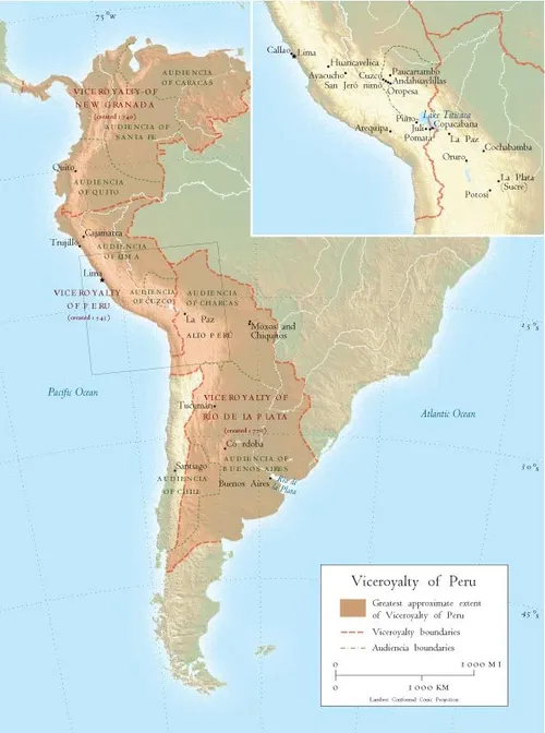 Map showing the Spanish viceroyalties which eventually formed the basis for some of the modern nation-states of South America.