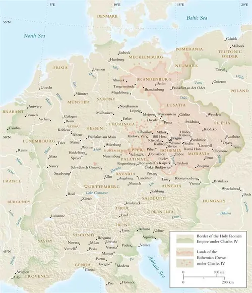 Map showing the relationship between the Holy Roman Empire and the lands of the Bohemian Crown under Charles IV around the turn of the fifteenth century.