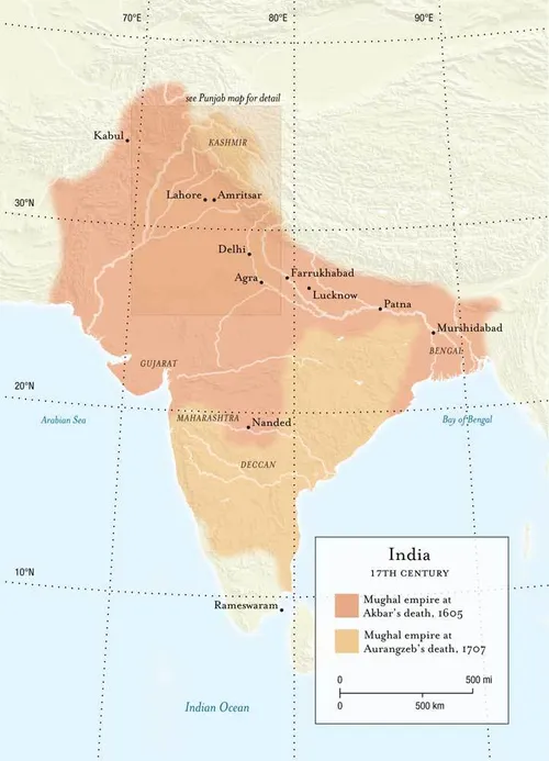 The expansion of the Mughal empire in the 17th century.