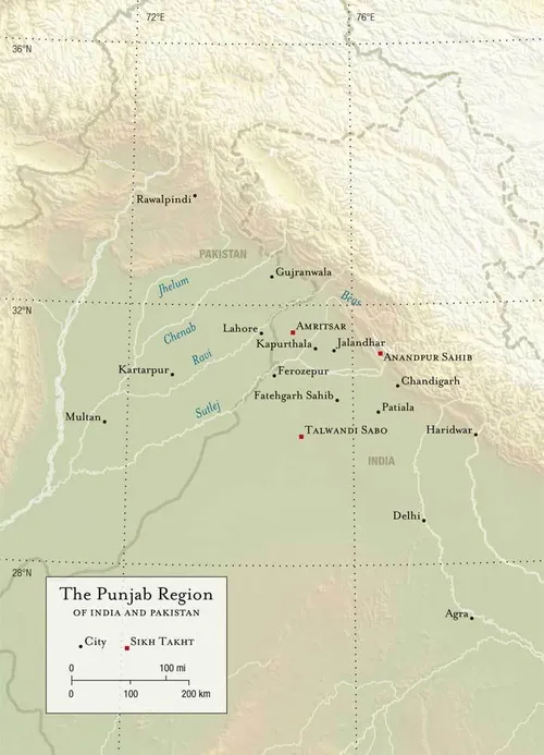 Map of the Punjab region, spanning modern Pakistan and India.